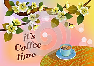 Banner spring leaves blooming cherry blossom. Coffee on the table in the spring. Time to drink coffee