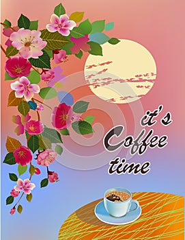 Banner spring leaves blooming cherry blossom. Coffee on the table in the spring. Time to drink coffee