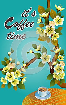 Banner spring leaves blooming cherry blossom. Coffee on the table in the spring. Time to drink coffee