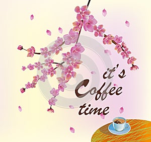 Banner spring leaves blooming cherry blossom. Coffee on the table in the spring. Time to drink coffee