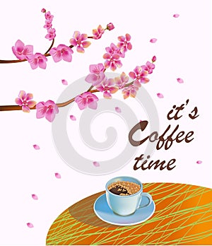 Banner spring leaves blooming cherry blossom. Coffee on the table in the spring. Time to drink coffee