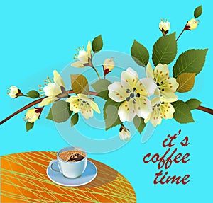 Banner spring leaves blooming cherry blossom. Coffee on the table in the spring. Time to drink coffee