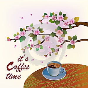 Banner spring leaves blooming cherry blossom. Coffee on the table in the spring. Time to drink coffee