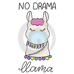 Banner with stay home, safe No drama llama in mask lettering for concept design. Typography vector illustration