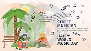 Banner street musician Billboard of world music day People man and woman playing drums and guitar under a tree palm notes icons