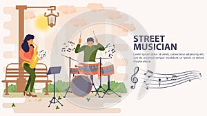 Banner street musician a Man plays drums and a woman plays saxophone flat vector illustration cartoon