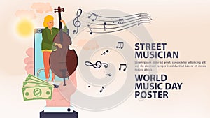 Banner street musician world music day Poster hand holding a mobile phone in it a man plays the double bass notes icons flat