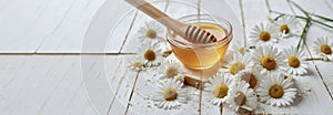 Banner. Sugar paste or wax honey for hair removing with camomile flowers flows on white background. Copy space. Banner