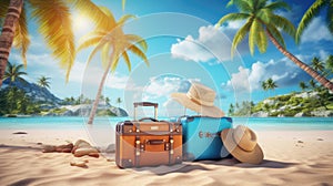 Banner with suitcases on the background of palm trees and the sea, ready for summer holidays