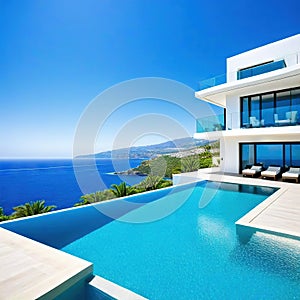 banner summer luxury estate villa with large swimming Luxury modern estate property on hill with stunning sea Summer