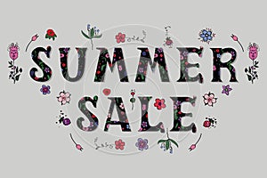 Banner summer sale with floral letters isolated on the soft grey background. Vector illustration