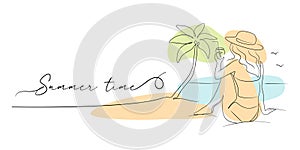 The banner summer time with fashionable girl on the beach and text in line art vector