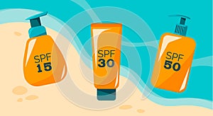 Banner of sunscreens set with spf15, spf30, spf50. Skin protection from uv. Illustration for web