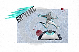 Banner surreal weird image collage of fast runner guy escape public attention data security protection concept