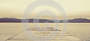 Banner Surrealism Defocus Sea landscape hills horizon sky fog nature.