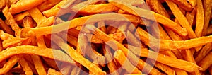 Banner of sweet potato chips in flat lay view photo