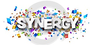 Banner with synergy sign over colorful confetti background