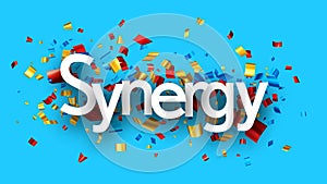 Banner with synergy sign over colorful confetti on blue background