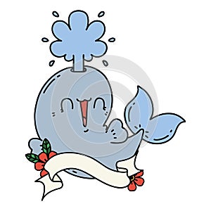 banner with tattoo style happy squirting whale character