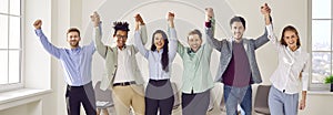 Banner with team of happy young multiracial business people having fun in office