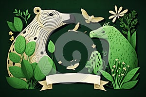 Banner template with animals for earth day in shades of green. Generative AI. photo