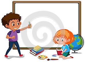 Banner template with boy and girl in the classroom