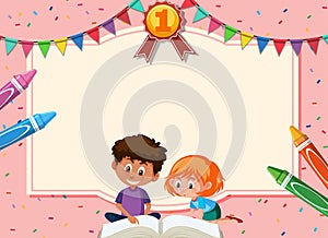 Banner template with boy and girl reading book in background