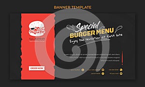 Banner template for burger food design in red and black background with burger icon