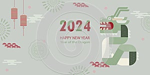 Banner template for Chinese New Year with dragon and traditional patterns and elements. Minimalistic style. Translation from