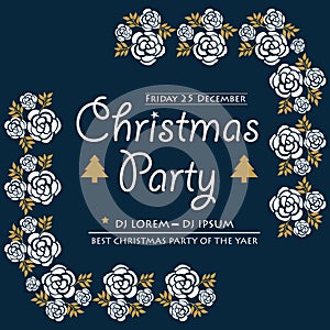 Banner template of christmas party, with elegant leaf flower frame texture. Vector