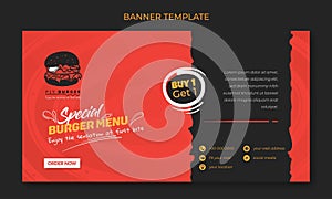 Banner template design with red and black background with burger icon design for advertisement