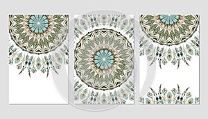 Banner template design with watercolor ethnic ornate feathers abstract mandala.