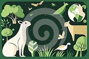 Banner template for earth day with animals and shades of green. Generative AI. photo