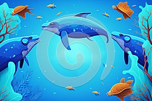 Banner template for earth day in shades of blue and marine animals. Generative AI. photo