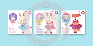 Banner template with Fairy ballerinas animals concept,watercolor style