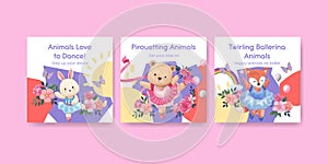 Banner template with Fairy ballerinas animals concept,watercolor style