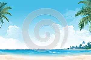 banner template featuring a tropical beach scene with clear blue skies and palm trees