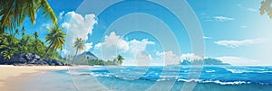 banner template featuring a tropical beach scene with clear blue skies and palm trees