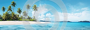 banner template featuring a tropical beach scene with clear blue skies and palm trees