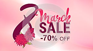 Banner template for International Women`s Day on pink background. lettering. Flyer for March 8 with decor of flowers