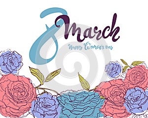 Banner template for the International Women`s Day on white background. Flyer for March 8 with the decor of flowers