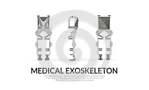 Banner template. Realistic medical exoskeleton. Exosuit. Front, back, side view. Vector