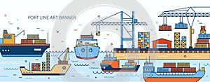 Banner template with seaport, marine terminal, freight vessels, cargo ships containerships, sea watercrafts, port cranes photo