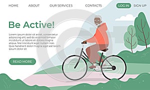 Banner template with senior man riding bicycle in the city park. Old man on bike