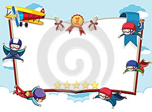 Banner template with skydivers and airplane in sky background