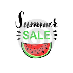Banner template for summer sale with red juicy slice of tasty watermelon with seed.