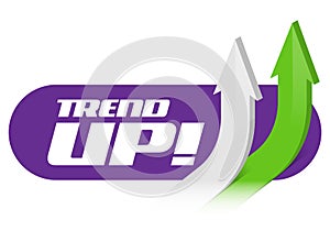 Banner template, two white and green three-dimensional arrows pointing upwards and text on the blue button. Trend Up