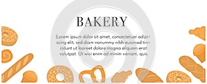 Banner template with various types of breads, delicious natural baked goods or sweet homemade pastry. Vector