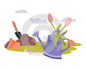 Banner template with watering can and flowers, flat vector illustration