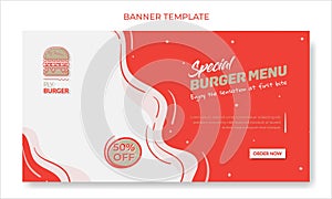 Banner template with waving red and white background design for food advertisement